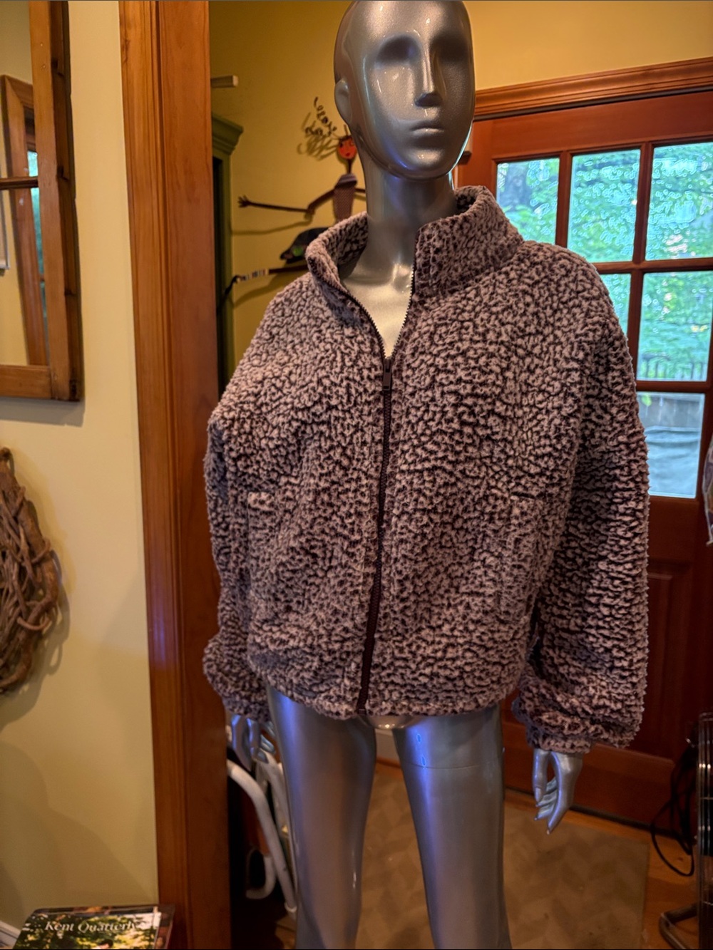 Express Plush Teddy Zip-Up Jacket in Mauve brown